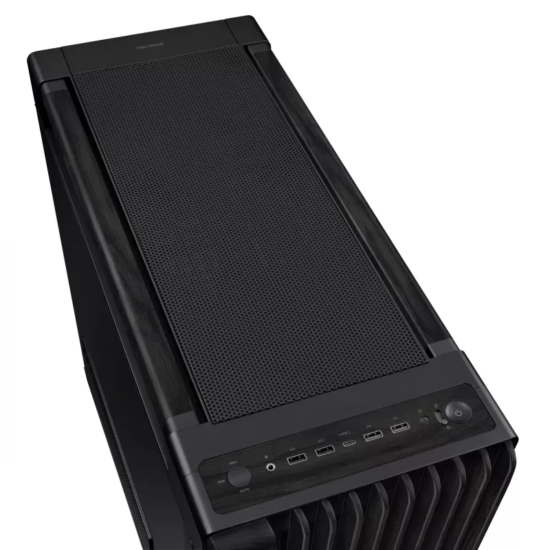 Caixa de PC ASUS ProArt PA602 Wood Edition Midi Tower preta — madeira, suporte ATX/EATX, vidro temperado, 4×3,5