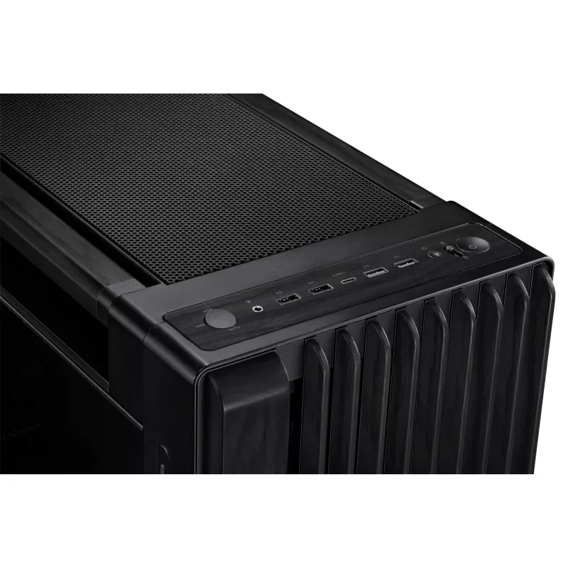 Caixa de PC ASUS ProArt PA602 Wood Edition Midi Tower preta — madeira, suporte ATX/EATX, vidro temperado, 4×3,5