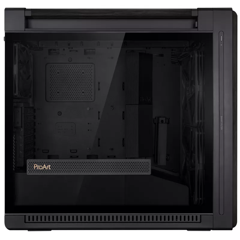 Caixa de PC ASUS ProArt PA602 Wood Edition Midi Tower preta — madeira, suporte ATX/EATX, vidro temperado, 4×3,5