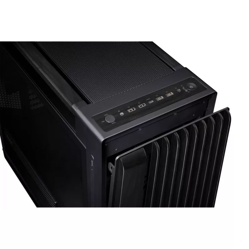 Caixa de PC ASUS ProArt PA602 Wood Edition Midi Tower preta — madeira, suporte ATX/EATX, vidro temperado, 4×3,5