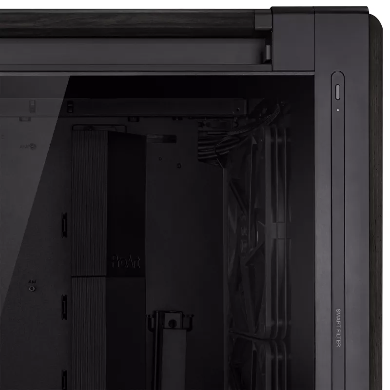 Caixa de PC ASUS ProArt PA602 Wood Edition Midi Tower preta — madeira, suporte ATX/EATX, vidro temperado, 4×3,5