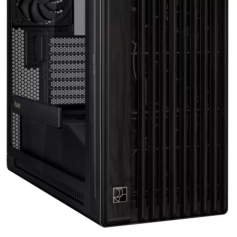 Caixa de PC ASUS ProArt PA602 Wood Edition Midi Tower preta — madeira, suporte ATX/EATX, vidro temperado, 4×3,5