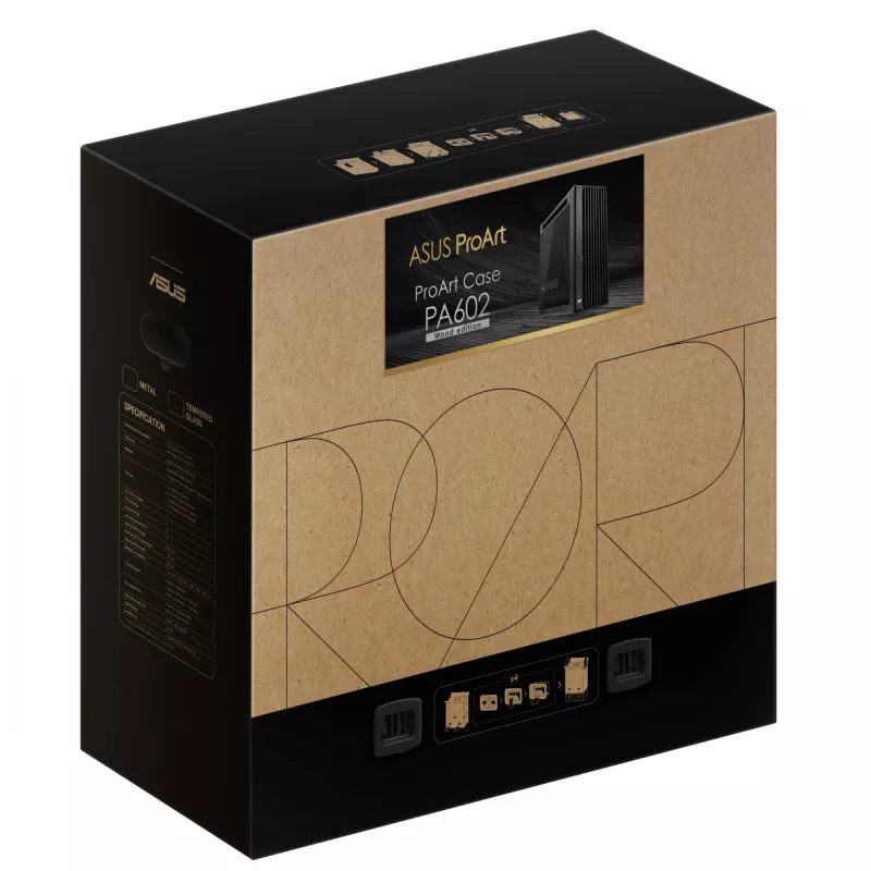 Caixa de PC ASUS ProArt PA602 Wood Edition Midi Tower preta — madeira, suporte ATX/EATX, vidro temperado, 4×3,5