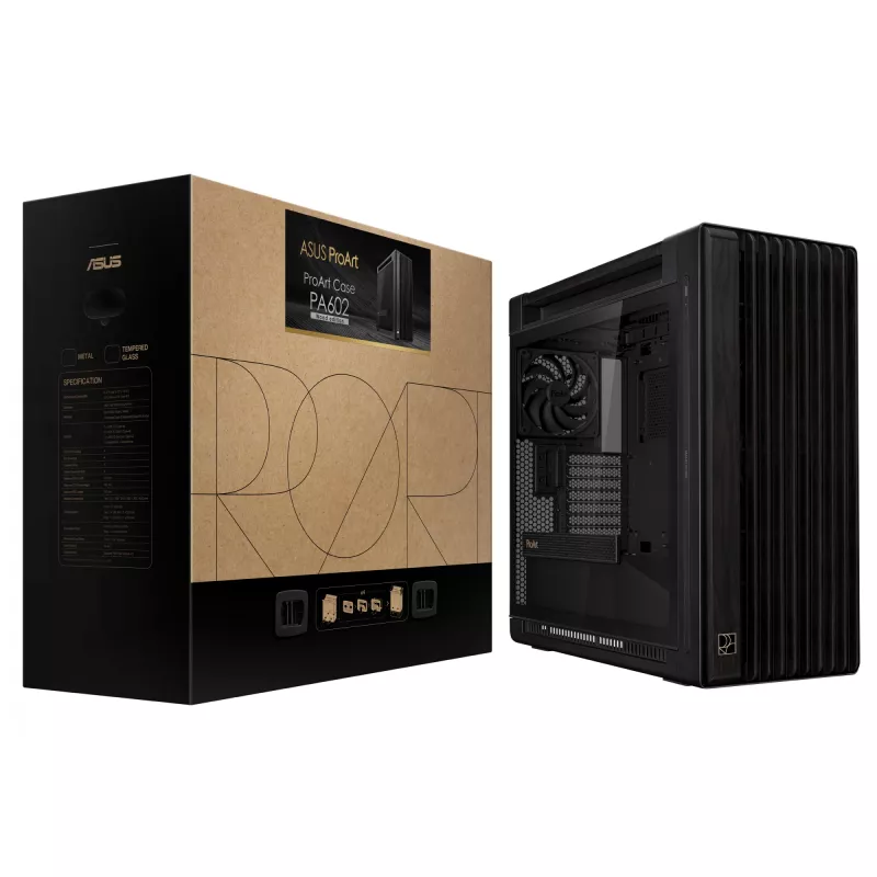 Caixa de PC ASUS ProArt PA602 Wood Edition Midi Tower preta — madeira, suporte ATX/EATX, vidro temperado, 4×3,5