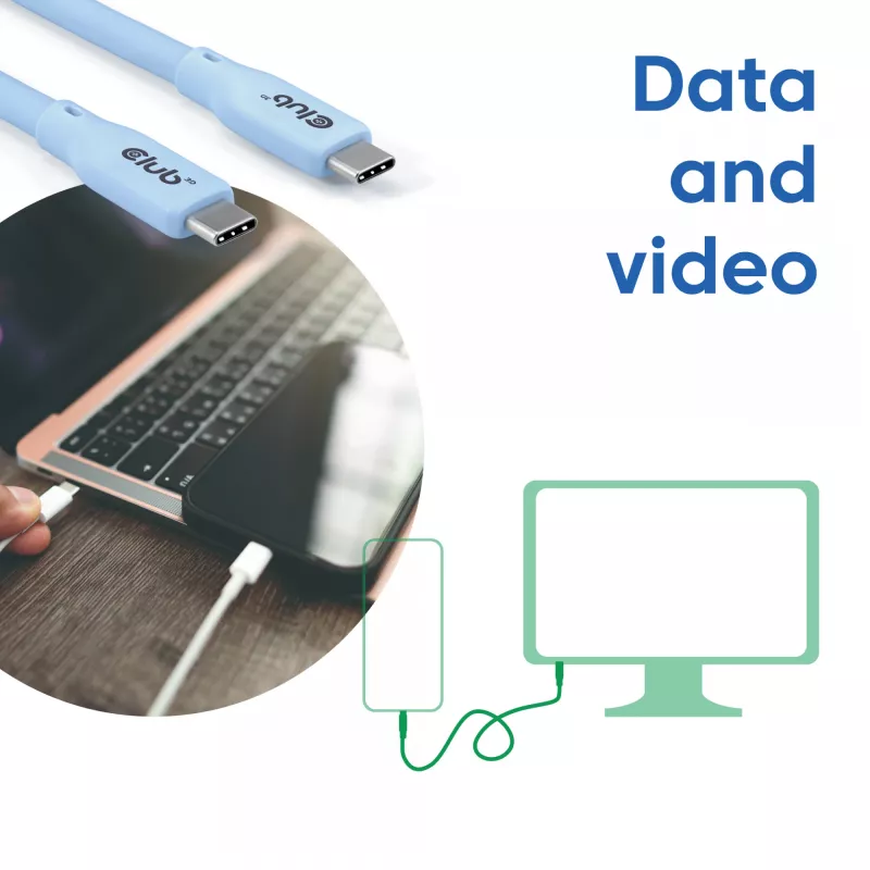 Cabo USB-C CLUB3D azul, 2 m, USB-C, USB-C, USB4 Gen 2x2, 20 Gbit/s, Azul