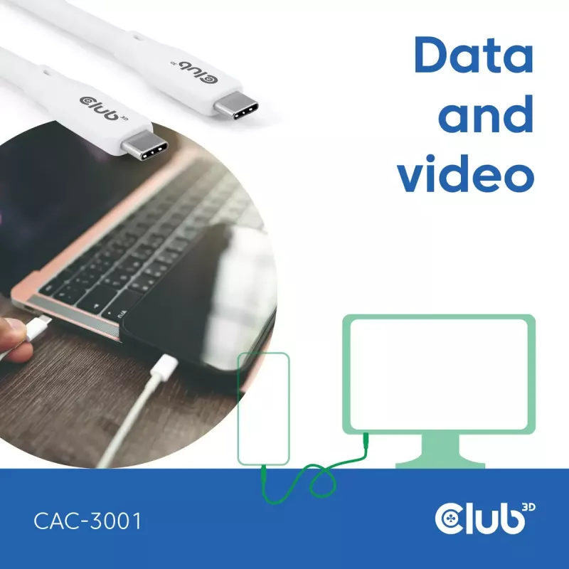 Cabo USB-C CLUB3D CAC-3001 2m USB4 Gen 3x2 branco