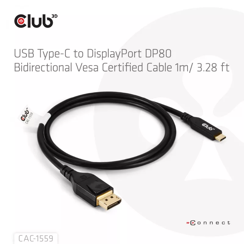 Cabo USB Type-C para DisplayPort 2.1, Club 3D CAC-1559, bidirecional, certificado VESA DP80, 1 m