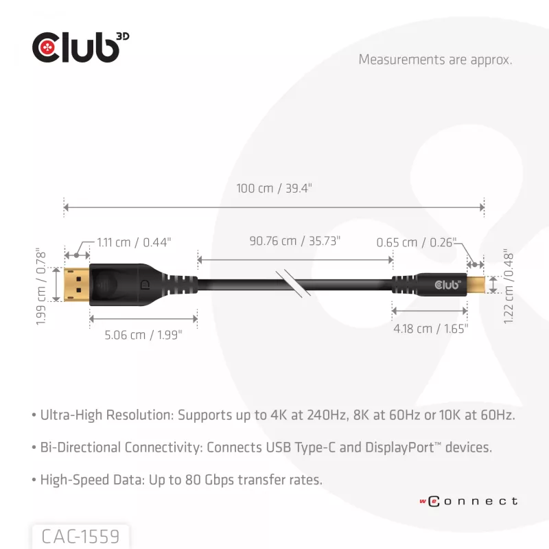 Cabo USB Type-C para DisplayPort 2.1, Club 3D CAC-1559, bidirecional, certificado VESA DP80, 1 m