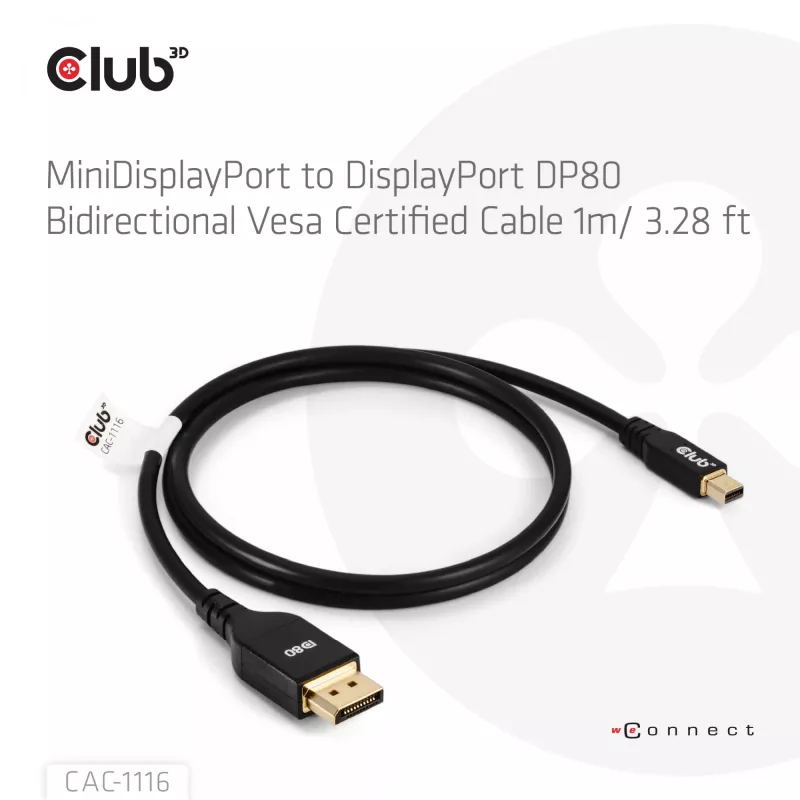 Cabo CLUB3D Mini DisplayPort™ para DisplayPort™ Bidirecional Certificado VESA DP80 M/M 1m/3.28ft