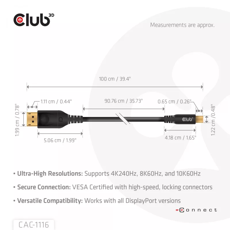 Cabo CLUB3D Mini DisplayPort™ para DisplayPort™ Bidirecional Certificado VESA DP80 M/M 1m/3.28ft