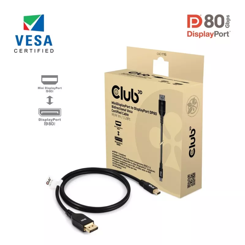 Cabo CLUB3D Mini DisplayPort™ para DisplayPort™ Bidirecional Certificado VESA DP80 M/M 1m/3.28ft