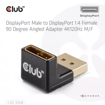 Adaptador club 3D DisplayPort macho para DisplayPort 1.4 fêmea 90° angular, suporta 4K@120Hz