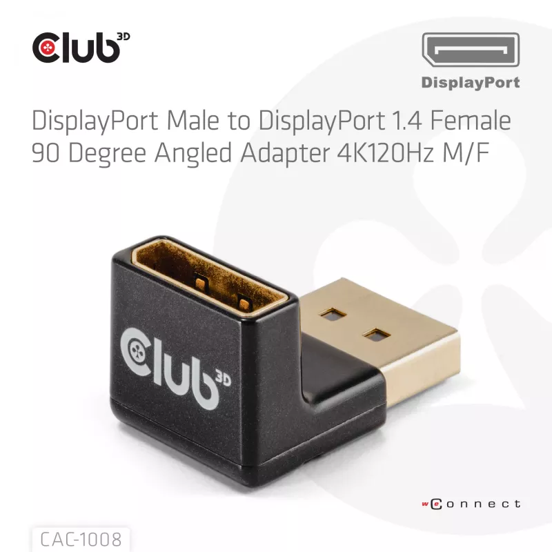 Adaptador club 3D DisplayPort macho para DisplayPort 1.4 fêmea 90° angular, suporta 4K@120Hz