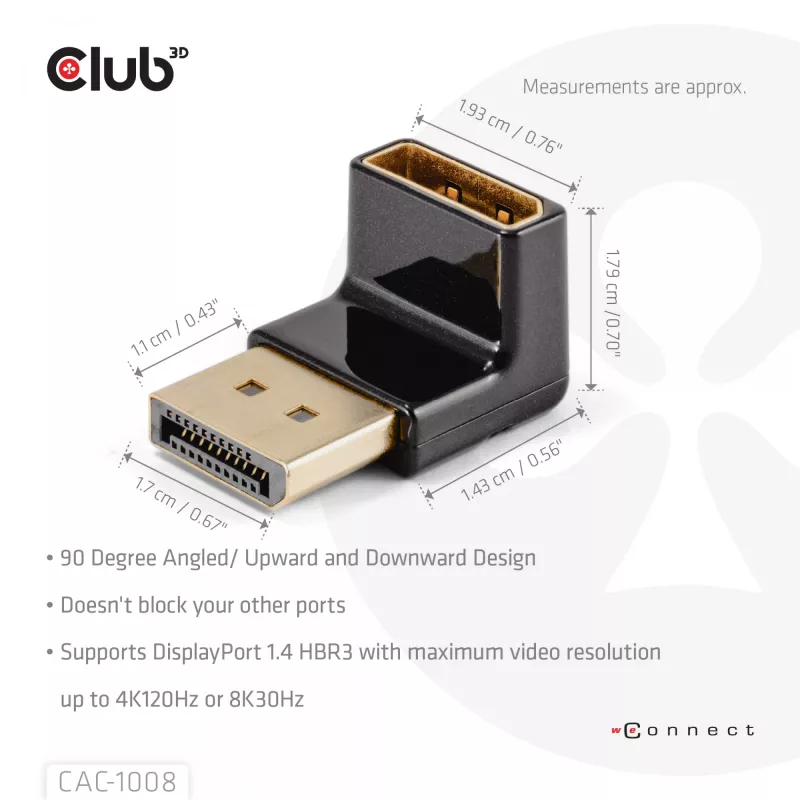 Adaptador club 3D DisplayPort macho para DisplayPort 1.4 fêmea 90° angular, suporta 4K@120Hz