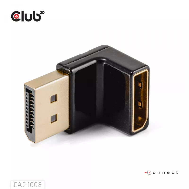Adaptador club 3D DisplayPort macho para DisplayPort 1.4 fêmea 90° angular, suporta 4K@120Hz