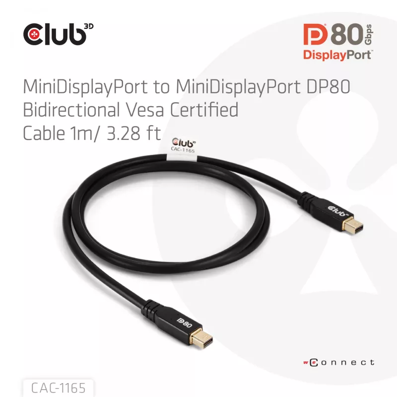 Cabo CLUB3D MiniDisplayPort™ para MiniDisplayPort bidirecional certificado VESA DP80 M/M 1m/3,28ft