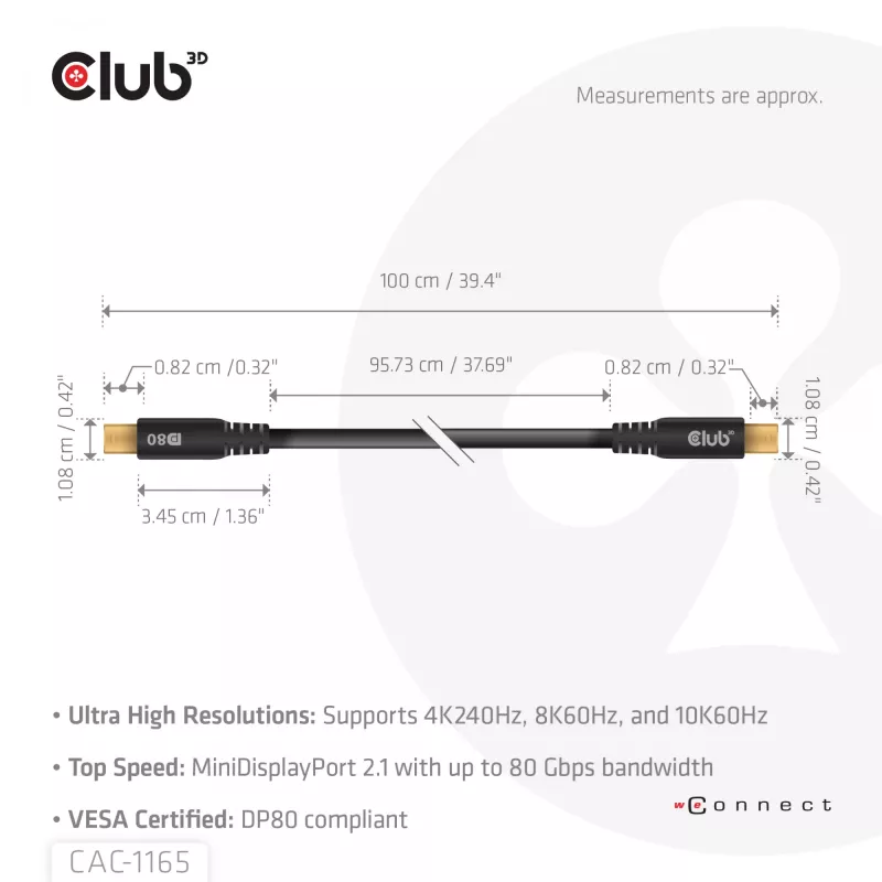 Cabo CLUB3D MiniDisplayPort™ para MiniDisplayPort bidirecional certificado VESA DP80 M/M 1m/3,28ft