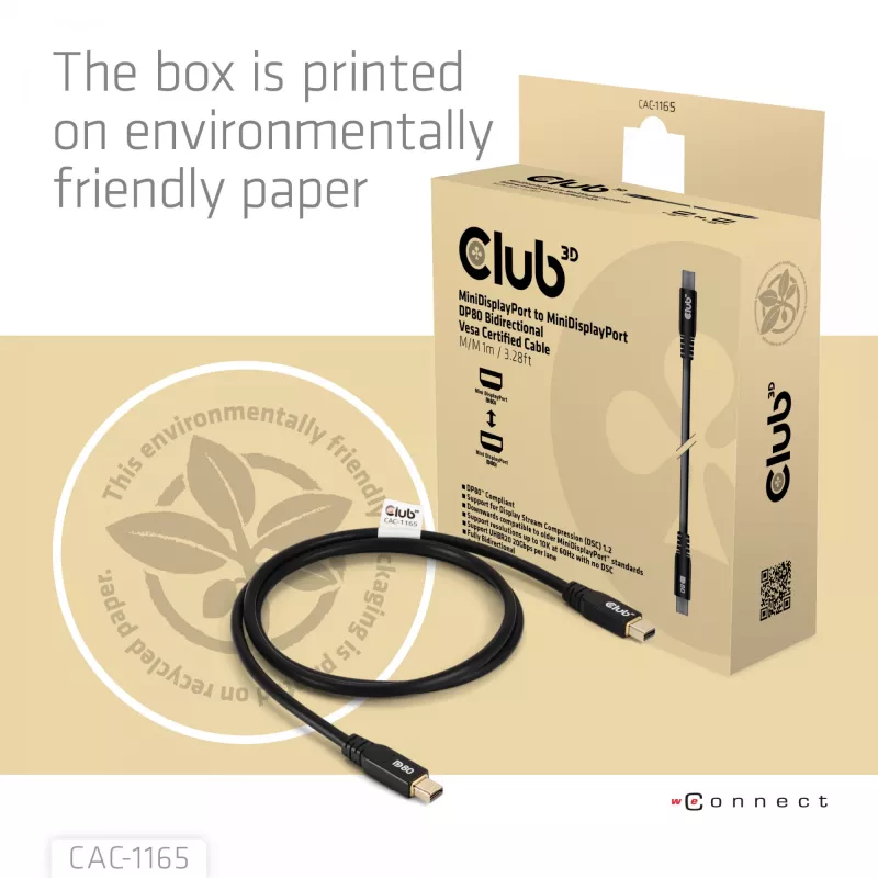 Cabo CLUB3D MiniDisplayPort™ para MiniDisplayPort bidirecional certificado VESA DP80 M/M 1m/3,28ft