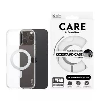 PanzerGlass CARE™ by ® Capa Transparente c. Kickstand prateado & MagSafe iPhone 16 Pro Max