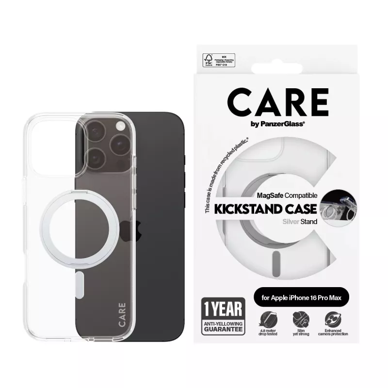 PanzerGlass CARE™ by ® Capa Transparente c. Kickstand prateado & MagSafe iPhone 16 Pro Max