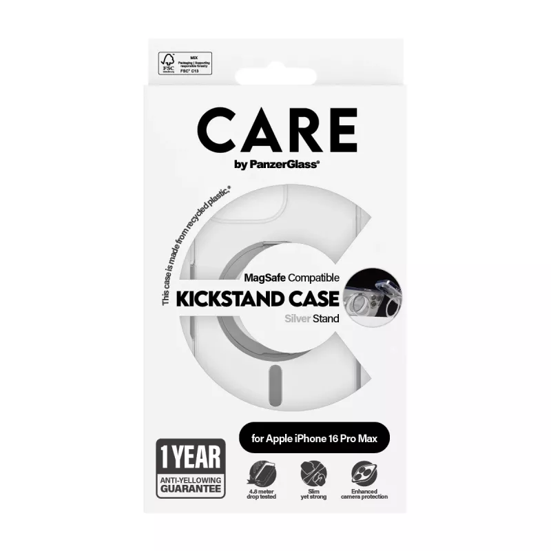 PanzerGlass CARE™ by ® Capa Transparente c. Kickstand prateado & MagSafe iPhone 16 Pro Max