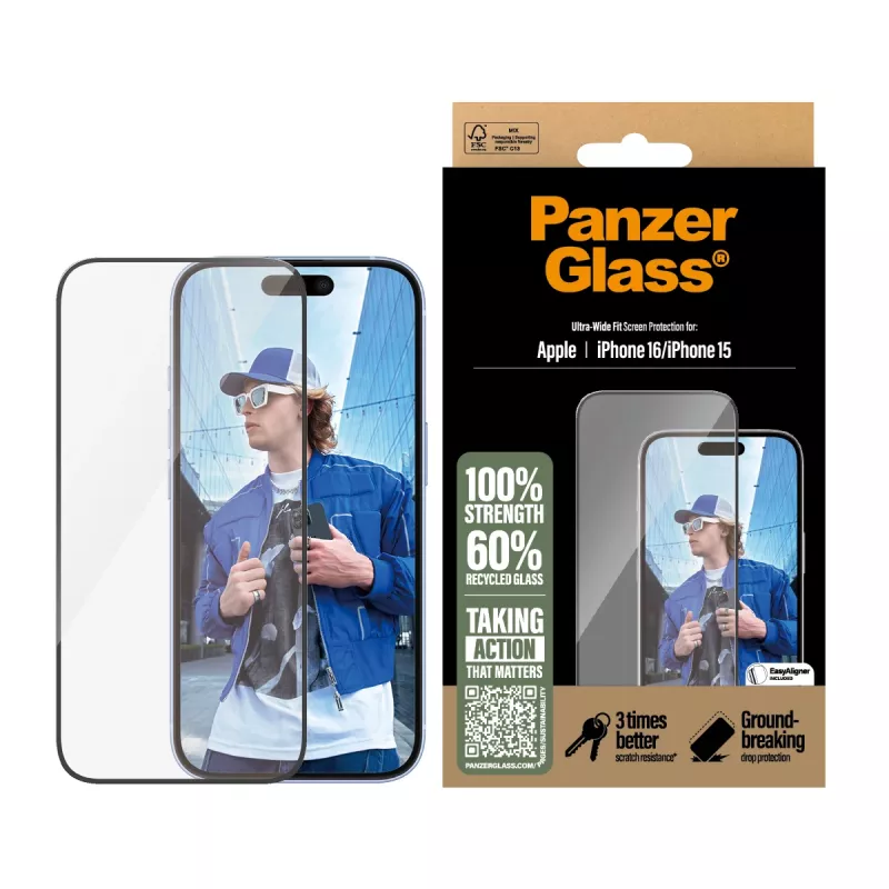 Película de proteção de ecrã PanzerGlass ® iPhone 16 | 15 | Ultra-Wide Fit