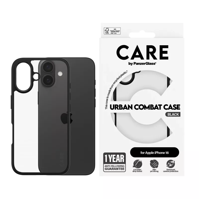 PanzerGlass CARE™ by ® Capa Urban Combat Transparente com moldura preta iPhone 16