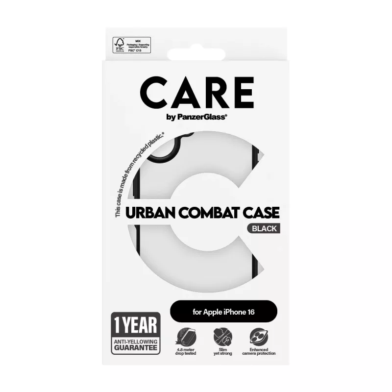 PanzerGlass CARE™ by ® Capa Urban Combat Transparente com moldura preta iPhone 16