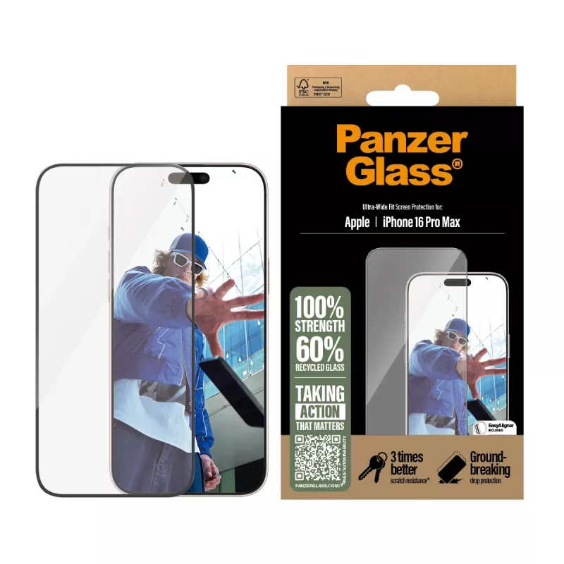 Película de proteção de ecrã PanzerGlass® iPhone 16 Pro Max | Ultra-Wide Fit
