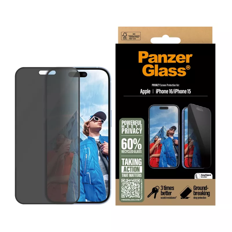 Proteção de ecrã de privacidade PanzerGlass® iPhone 16 | 15 | Ultra-Wide Fit com EasyAligner
