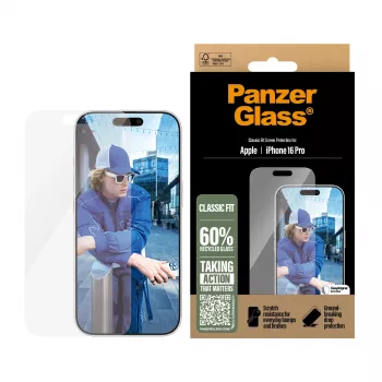 Película de proteção de ecrã PanzerGlass ® iPhone 16 Pro | Classic Fit, Apple, Apple - iPhone 16 Pro, aplicação a seco, resistente a riscos, resistente a choques, Transparente, 1 unid.