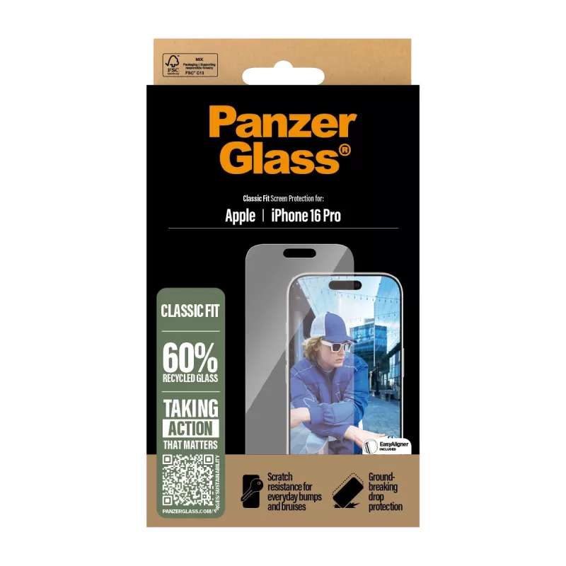 Película de proteção de ecrã PanzerGlass ® iPhone 16 Pro | Classic Fit, Apple, Apple - iPhone 16 Pro, aplicação a seco, resistente a riscos, resistente a choques, Transparente, 1 unid.