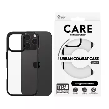 PanzerGlass CARE™ by ® Capa Urban Combat transparente com moldura preta para iPhone 16 Pro