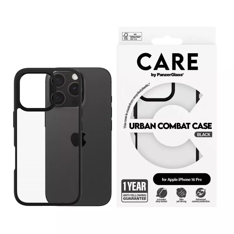 PanzerGlass CARE™ by ® Capa Urban Combat transparente com moldura preta para iPhone 16 Pro