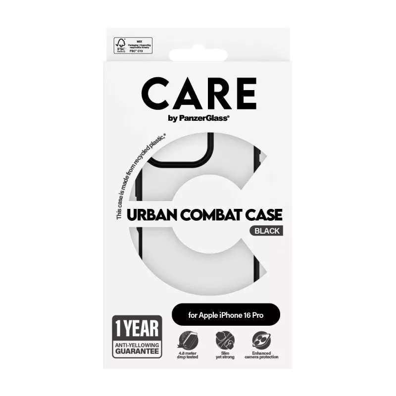 PanzerGlass CARE™ by ® Capa Urban Combat transparente com moldura preta para iPhone 16 Pro