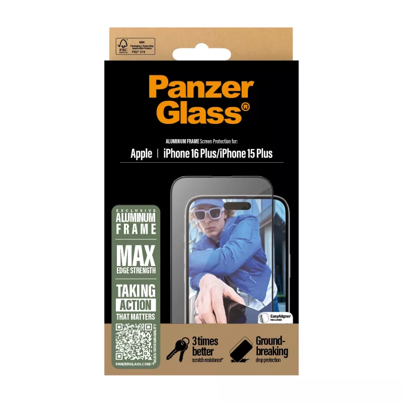 Proteção de ecrã PanzerGlass® moldura de alumínio iPhone 16 Plus | 15 Plus | Ultra-Wide Fit