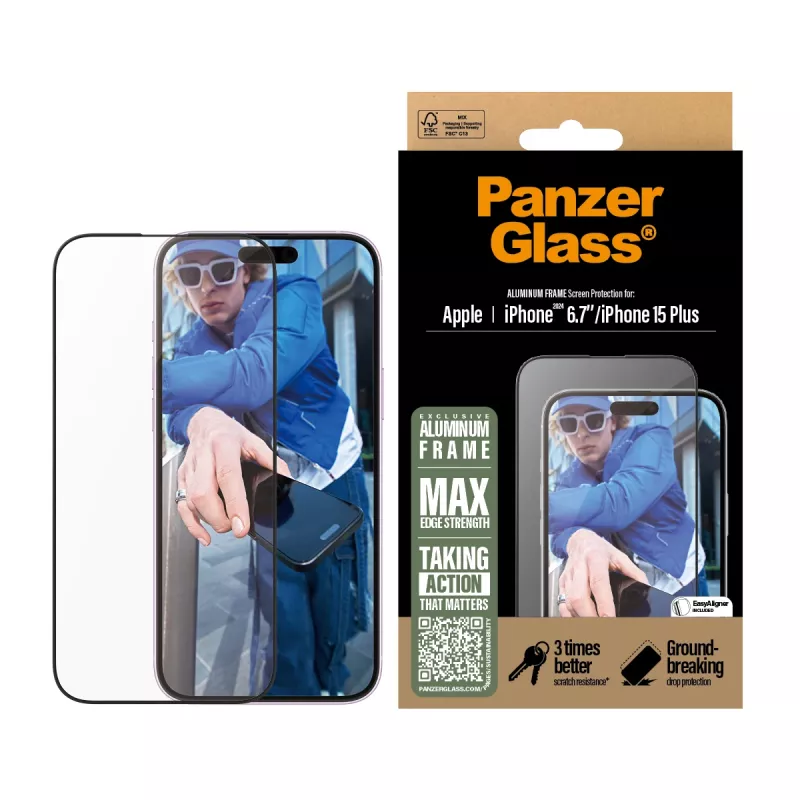 Proteção de ecrã PanzerGlass® moldura de alumínio iPhone 16 Plus | 15 Plus | Ultra-Wide Fit