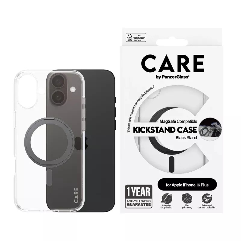 PanzerGlass CARE™ by ® Capa Transparente com Kickstand preto & MagSafe iPhone 16 Plus