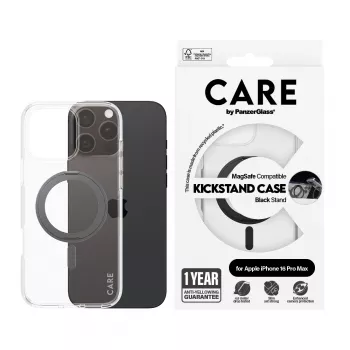 Capa PanzerGlass CARE™ by ® transparente com suporte preto e MagSafe para iPhone 16 Pro Max