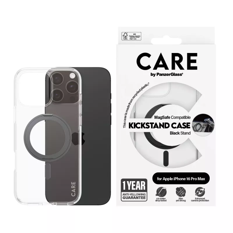Capa PanzerGlass CARE™ by ® transparente com suporte preto e MagSafe para iPhone 16 Pro Max