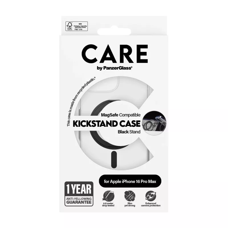 Capa PanzerGlass CARE™ by ® transparente com suporte preto e MagSafe para iPhone 16 Pro Max