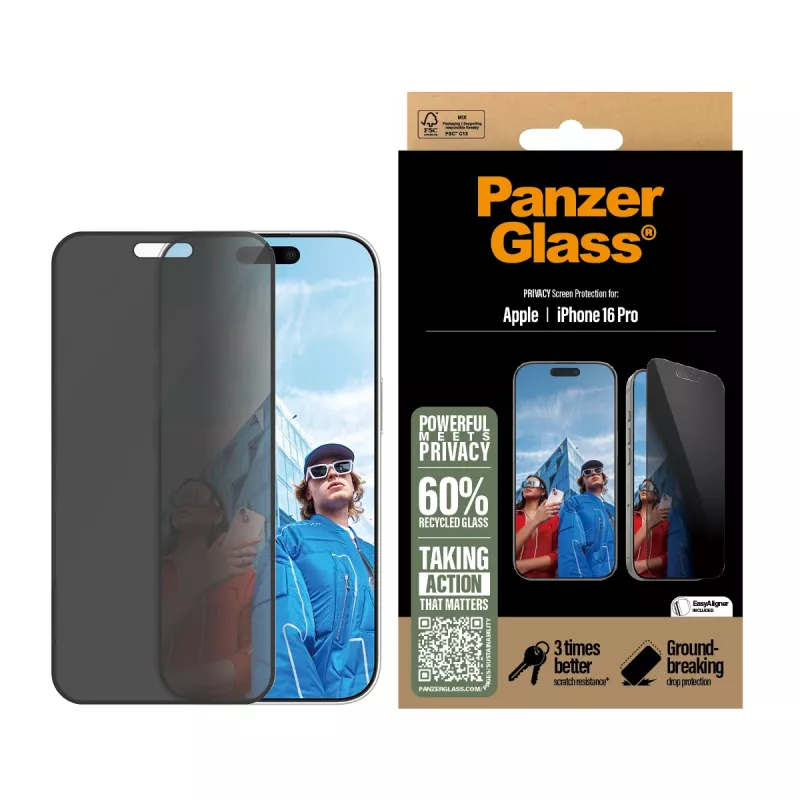 Película protetora de ecrã de privacidade PanzerGlass ® iPhone 16 Pro | Ultra-Wide Fit com EasyAligner