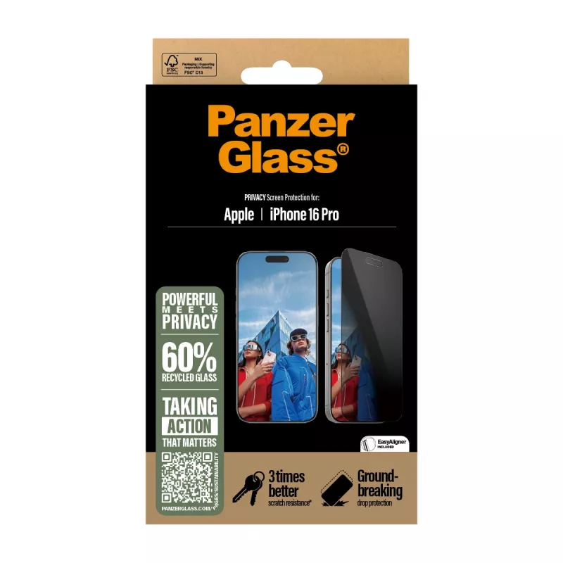 Película protetora de ecrã de privacidade PanzerGlass ® iPhone 16 Pro | Ultra-Wide Fit com EasyAligner