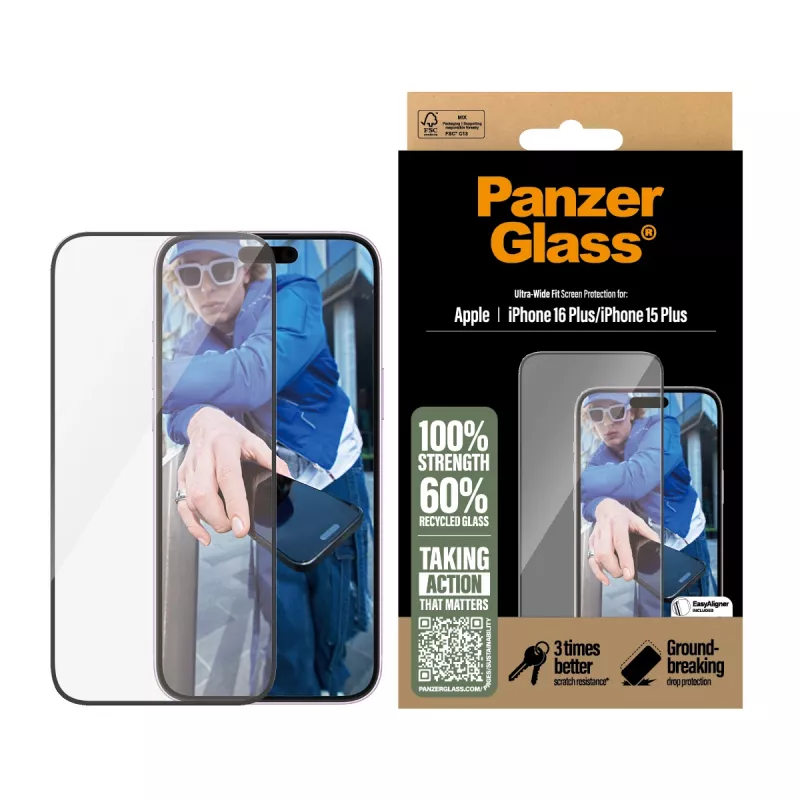Película protetora de ecrã PanzerGlass ® iPhone 16 Plus | 15 Plus | Ultra-Wide Fit