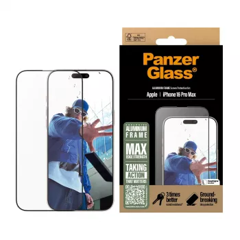 Película protetora de ecrã PanzerGlass® com moldura de alumínio iPhone 16 Pro Max | Ultra-Wide Fit
