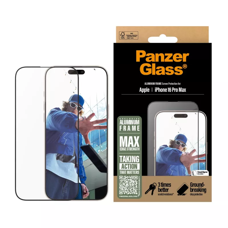 Película protetora de ecrã PanzerGlass® com moldura de alumínio iPhone 16 Pro Max | Ultra-Wide Fit