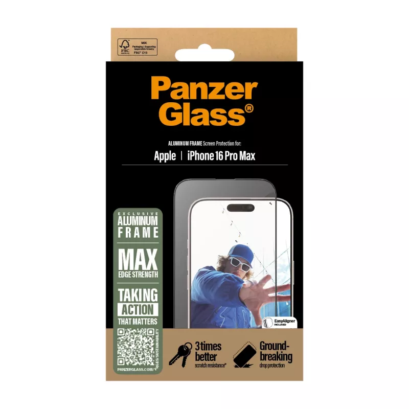 Película protetora de ecrã PanzerGlass® com moldura de alumínio iPhone 16 Pro Max | Ultra-Wide Fit
