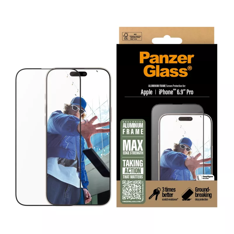 Película protetora de ecrã PanzerGlass® com moldura de alumínio iPhone 16 Pro Max | Ultra-Wide Fit