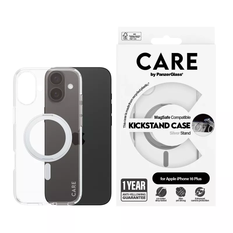 Capa PanzerGlass CARE™ by ® transparente com suporte prateado e MagSafe iPhone 16 Plus