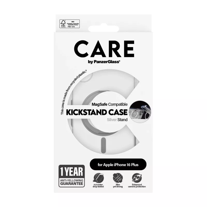 Capa PanzerGlass CARE™ by ® transparente com suporte prateado e MagSafe iPhone 16 Plus